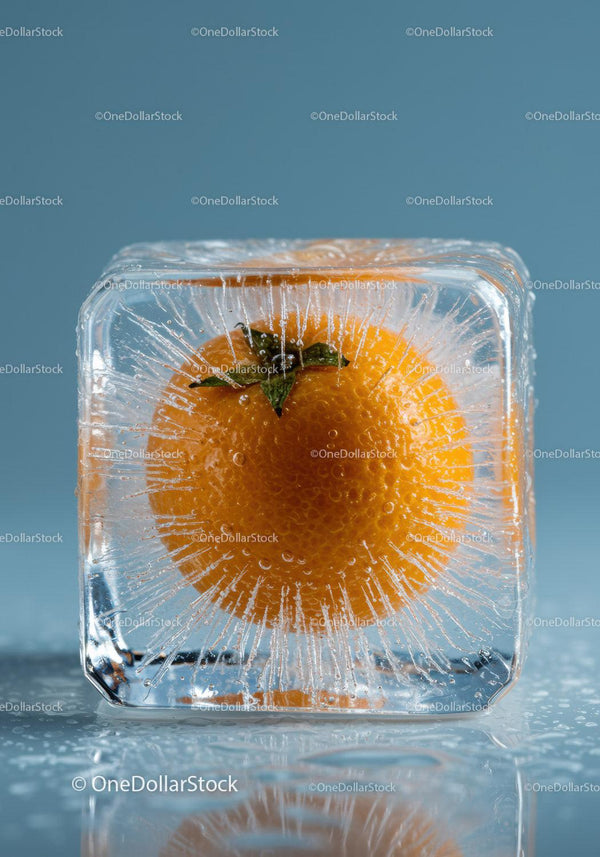 Fresh Orange Fruit Frozen Inside Transparent Ice Cube