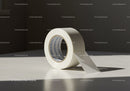 Single roll of white adhesive tape on table surface