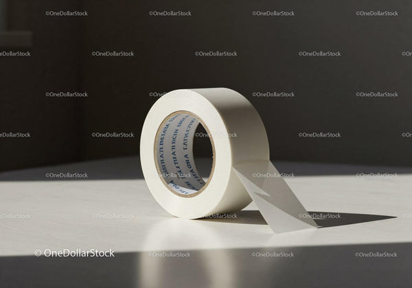 Single roll of white adhesive tape on table surface JPG Mockup Image