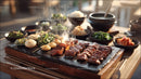Korean Barbecue Platter with Grilled Meat and Side Dishes