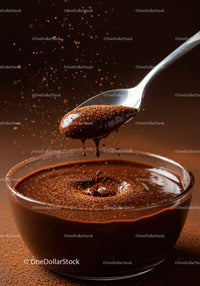 Spoon lifting rich chocolate mousse with cocoa dust
