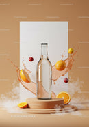 Clear glass bottle with splashing citrus juice