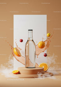 Clear glass bottle with splashing citrus juice