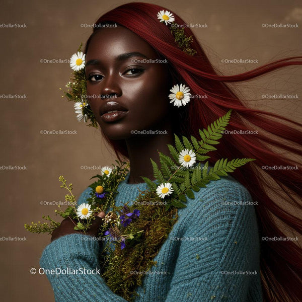 Elegant Studio Portrait of Beautiful Woman with Flowers and Red Hair