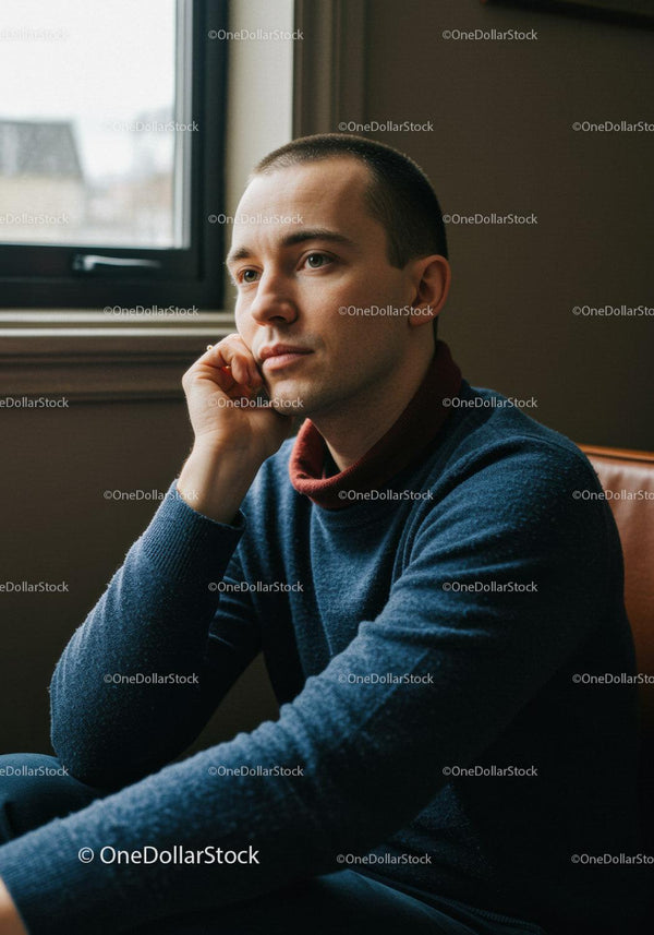 Zamysłowy młody mężczyzna siedzący przy oknie we współczesnym wnętrzu