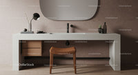 Modern Concrete Bathroom Sink with Black Faucet and Wooden Stool