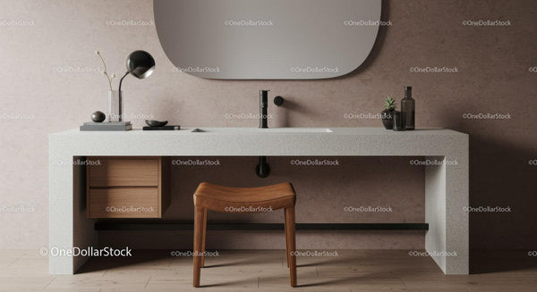 Modern Concrete Bathroom Sink with Black Faucet and Wooden Stool