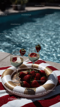 Strawberries and Champagne by the Poolside in Summer
