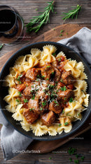 Hearty Beef Stew with Bowtie Pasta Served in a Rustic Skillet