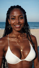 Smiling Woman in White Bikini Top Enjoying Sunny Beach Day
