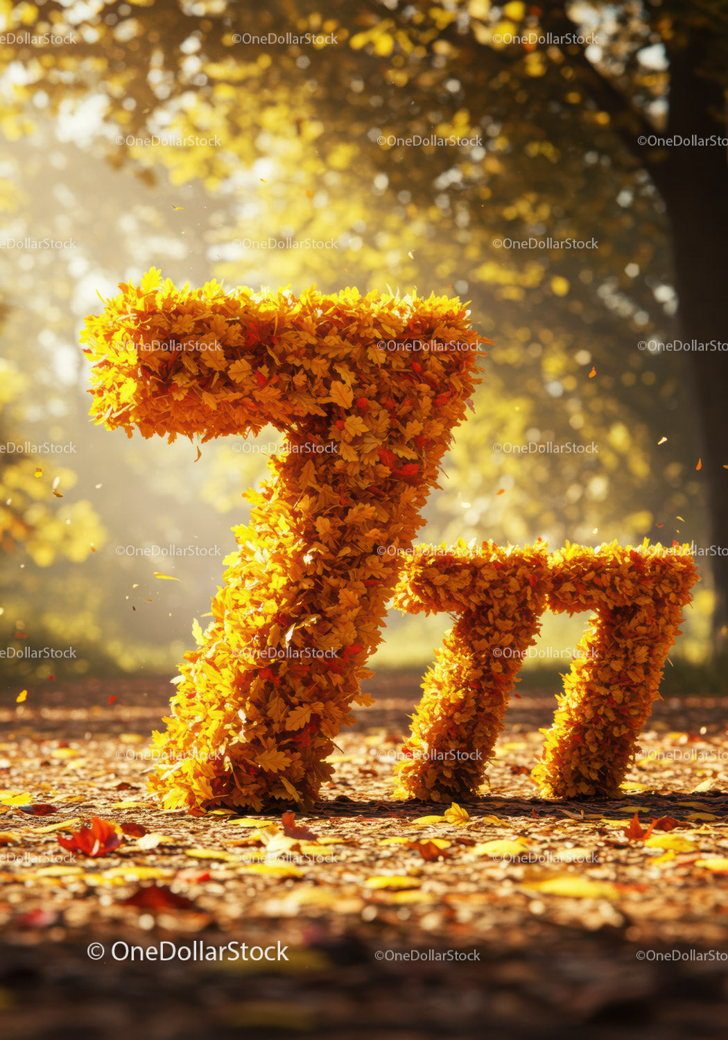 Golden autumn leaves forming number seven in park