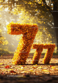 Golden autumn leaves forming number seven in park
