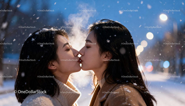 Couple Sharing a Tender Kiss in Snowy Winter Evening