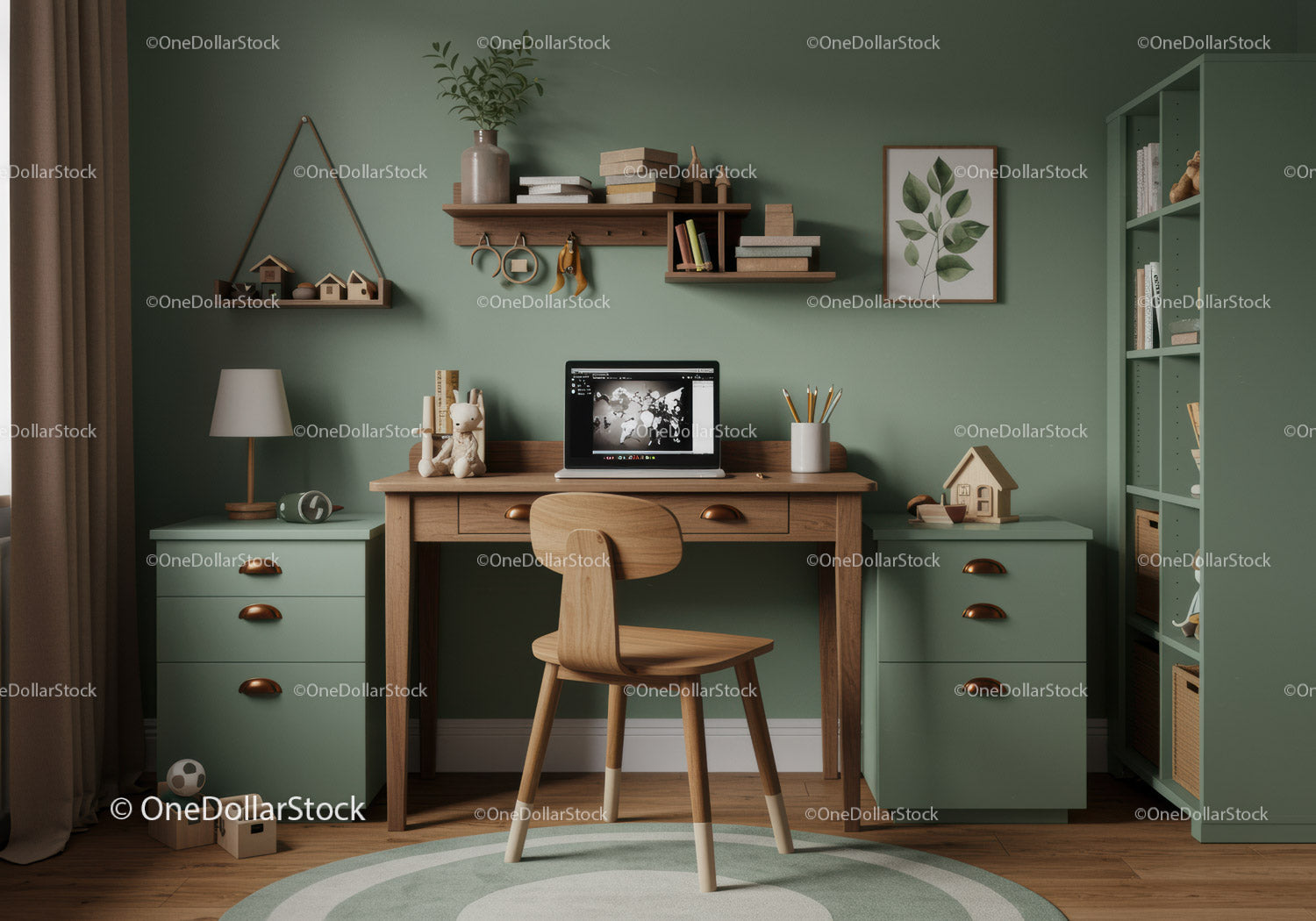 Modern Green Home Office with Wooden Desk and Shelves for Creative Work