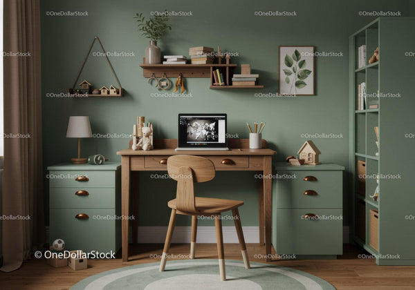 Modern Green Home Office with Wooden Desk and Shelves for Creative Work