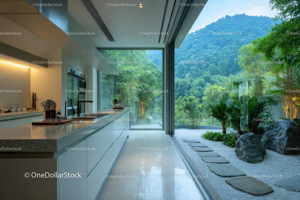 Modern Kitchen with Lush Greenery and Mountain View in Bright Interior