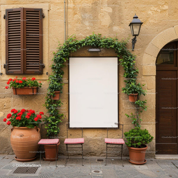 Charming outdoor seating with vibrant flowers and greenery JPG Mockup Image