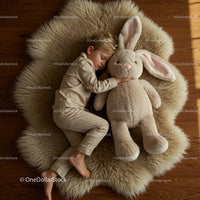 Sleeping Child Cuddling Large Plush Bunny on Rug