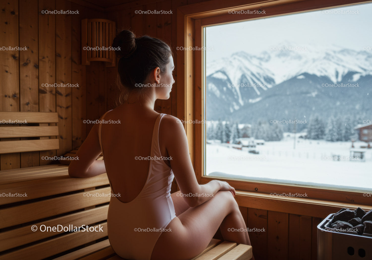 Women Relaxing in Wooden Sauna with Scenic Snowy Mountain View