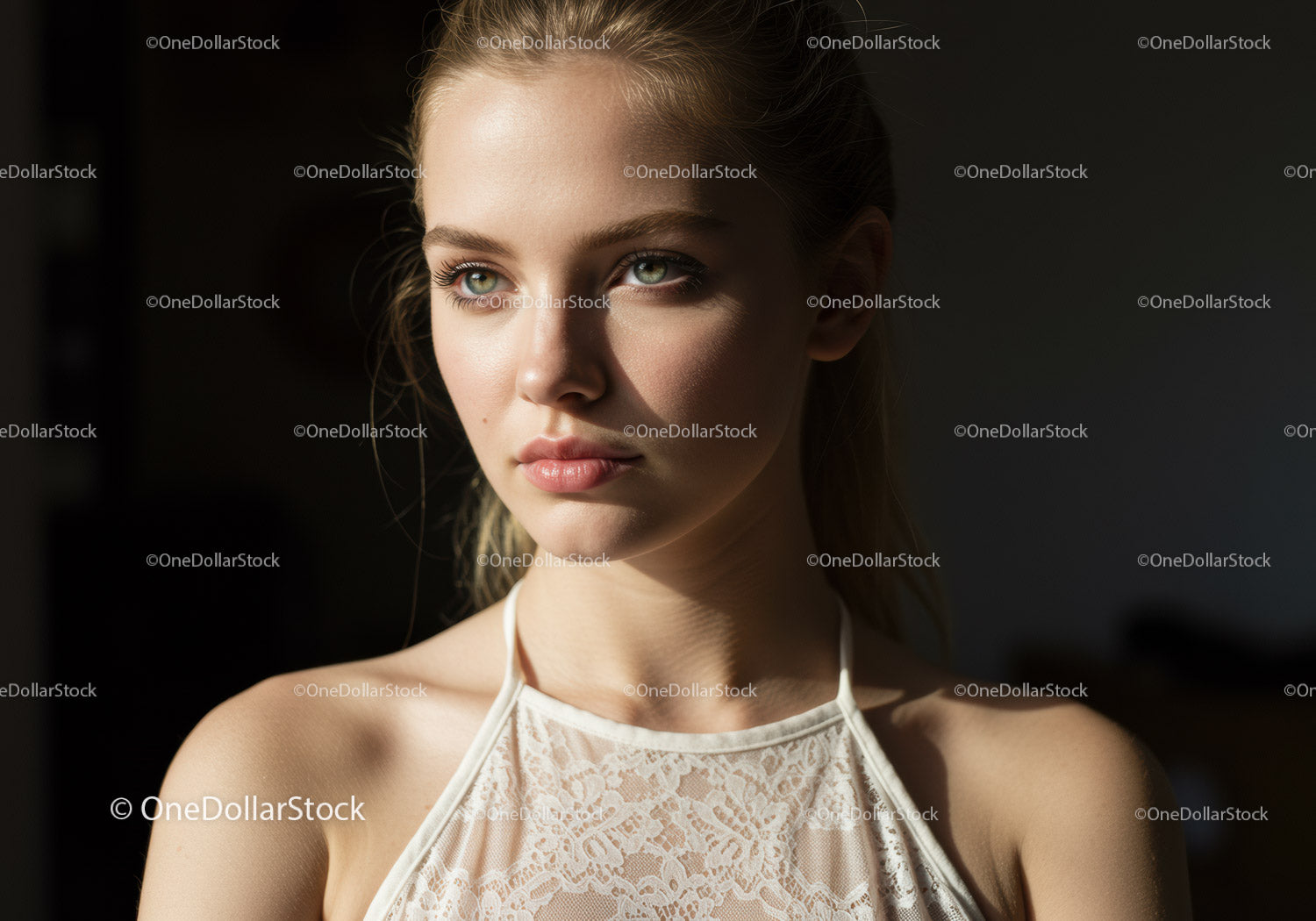 Portret pięknej kobiety o niebieskich oczach w eleganckiej koronkowej bluzce