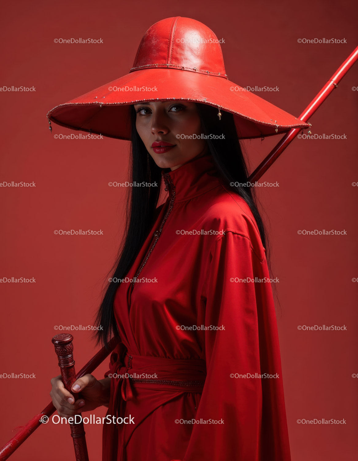 Elegant Woman in Red Dress with Accessories Against Red Background