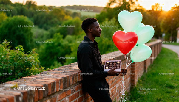 Young man holding chocolates and heart balloons outdoors