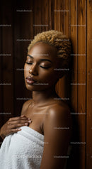 Beautiful Woman with Curly Blonde Hair Relaxing in Wooden Room