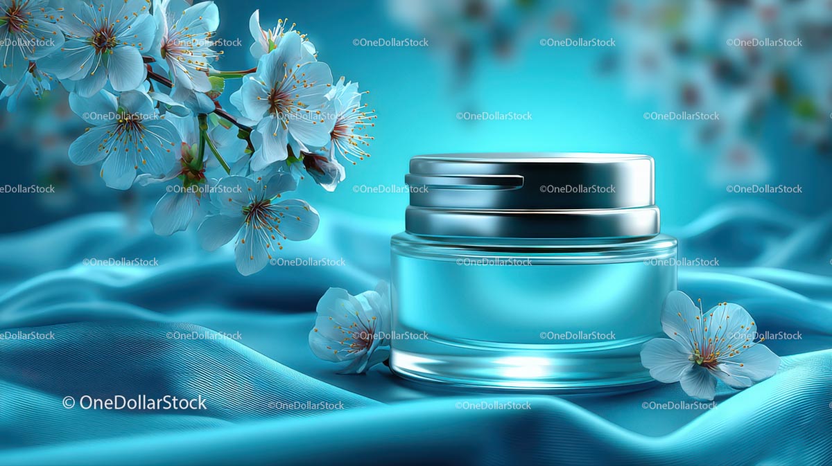 Refreshing Cosmetic Jar with Cherry Blossoms on Blue Silk