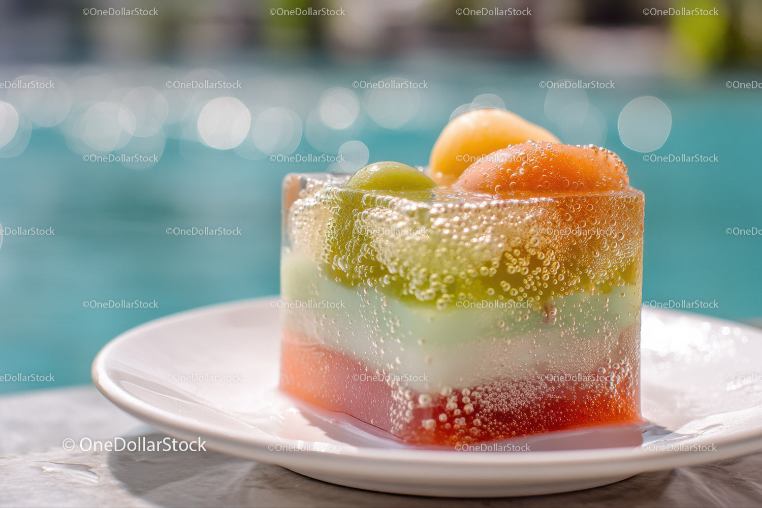 Colorful Fruit Cocktail with Citrus and Ice Cubes by the Pool