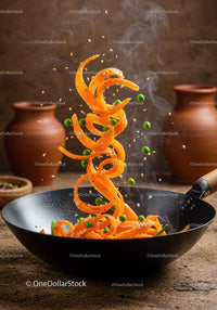 Spiral Carrot Strips Tossed with Green Peas in Wok