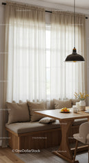 Cozy Dining Area with Beige Curtains and Wooden Bench