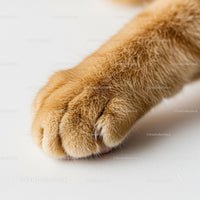 Closeup of ginger cat paw with soft fur and claws