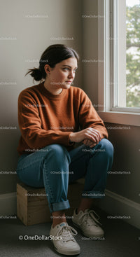 Young Woman Sitting by the Window in Casual Outfit Reflecting Indoors