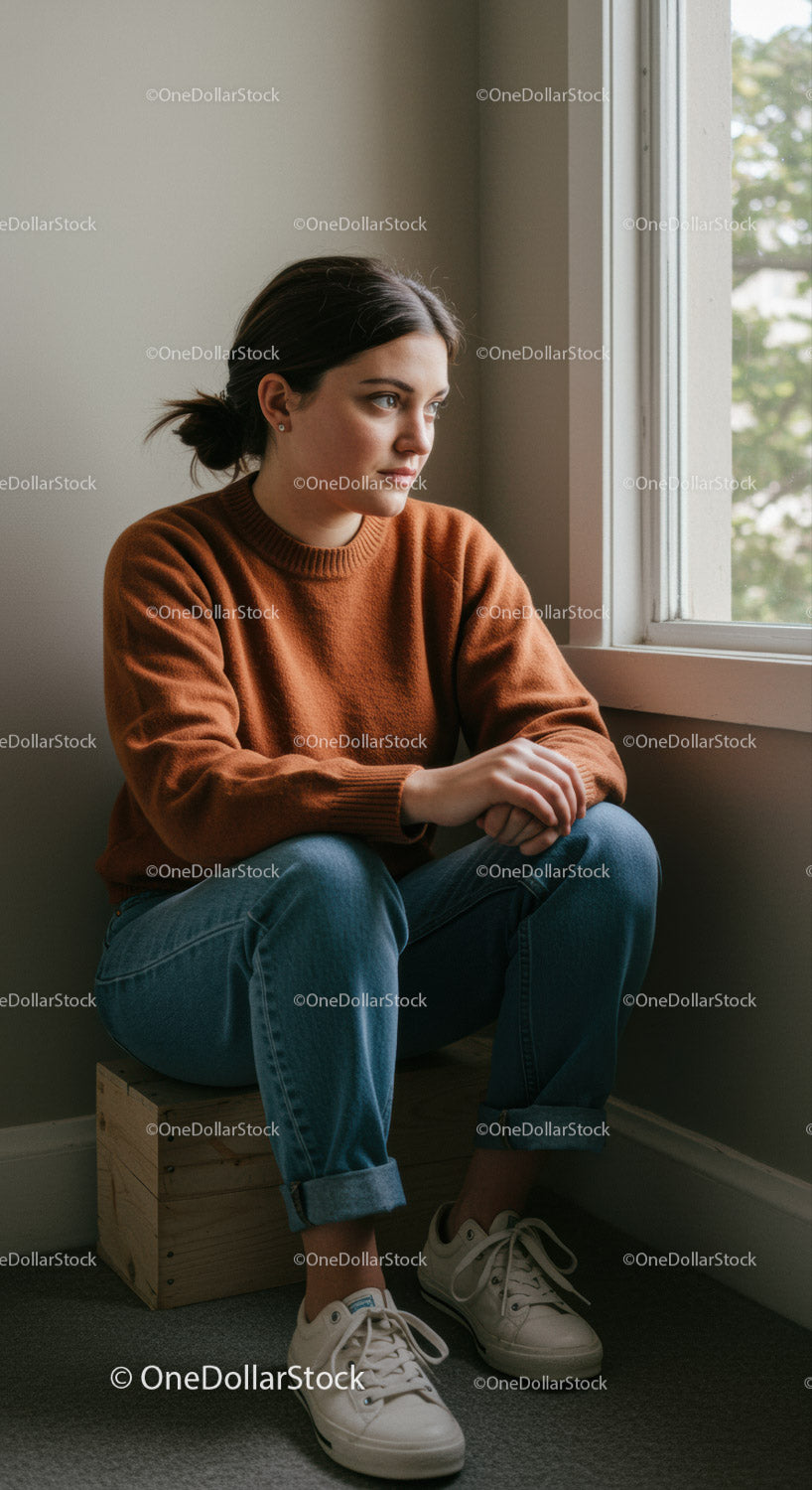 Young Woman Sitting by the Window in Casual Outfit Reflecting Indoors