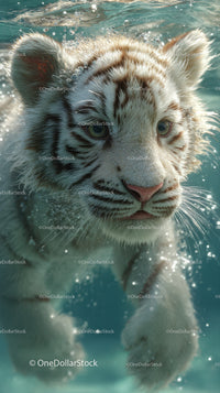 White tiger cub swimming underwater with piercing blue eyes