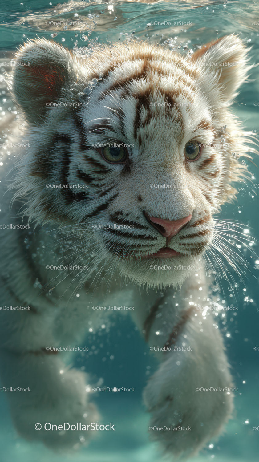 White tiger cub swimming underwater with piercing blue eyes