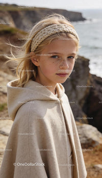 Young girl with knitted headband by the rocky coast