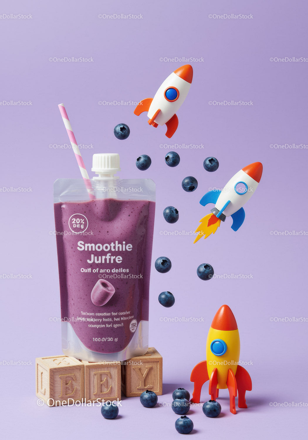 Blueberry smoothie with playful toy rockets and blocks