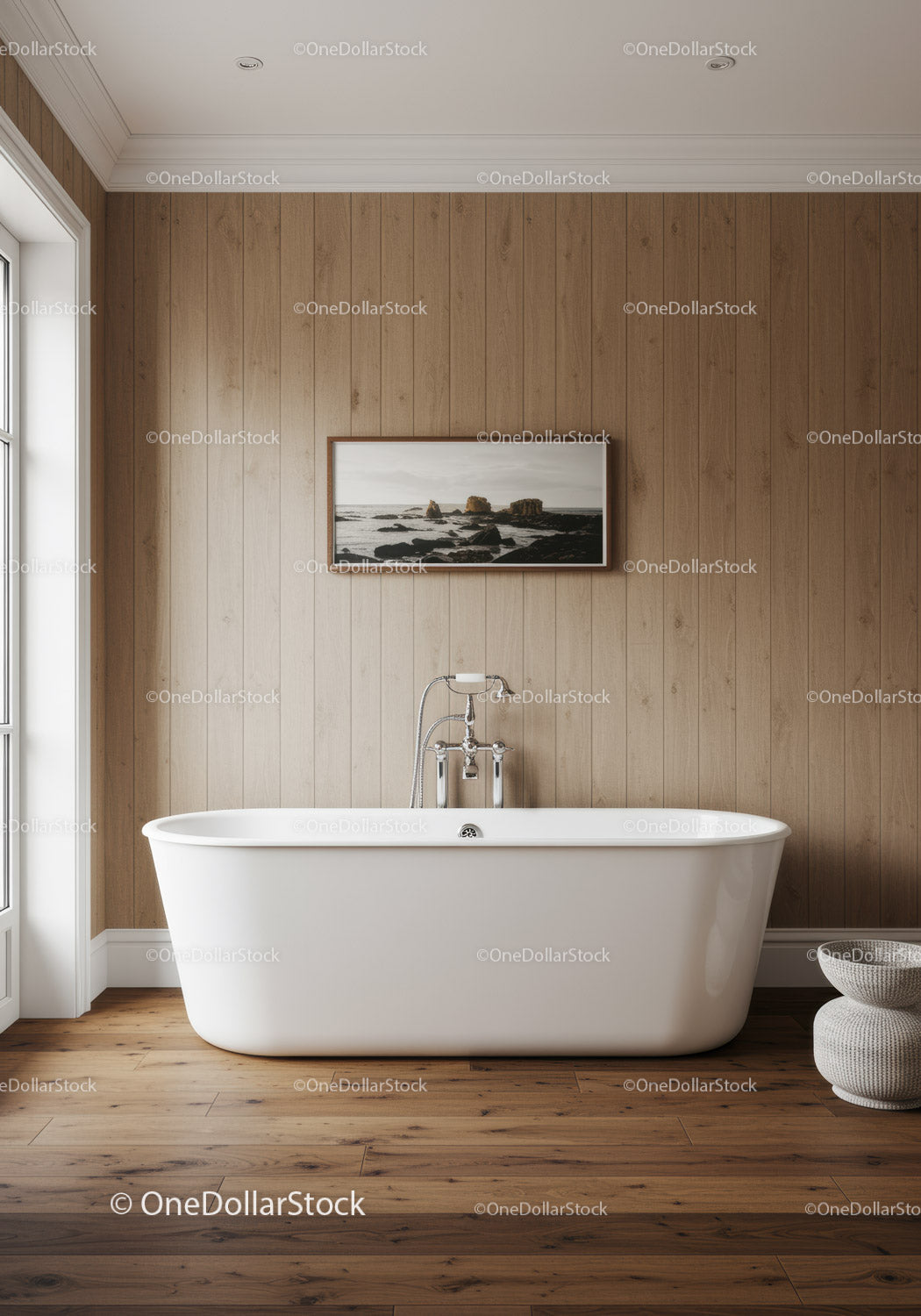 Modern Freestanding Bathtub in Cozy Bathroom with Wood Paneling