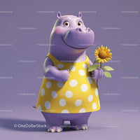 Cute Cartoon Hippo Holding Sunflower in Yellow Dress for Kids Illustration