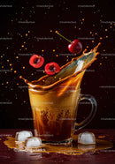 Splash of iced coffee with fresh cherries and ice cubes