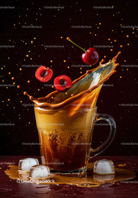 Splash of iced coffee with fresh cherries and ice cubes