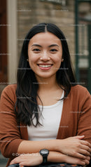 Confident young woman smiling outdoors with crossed arms