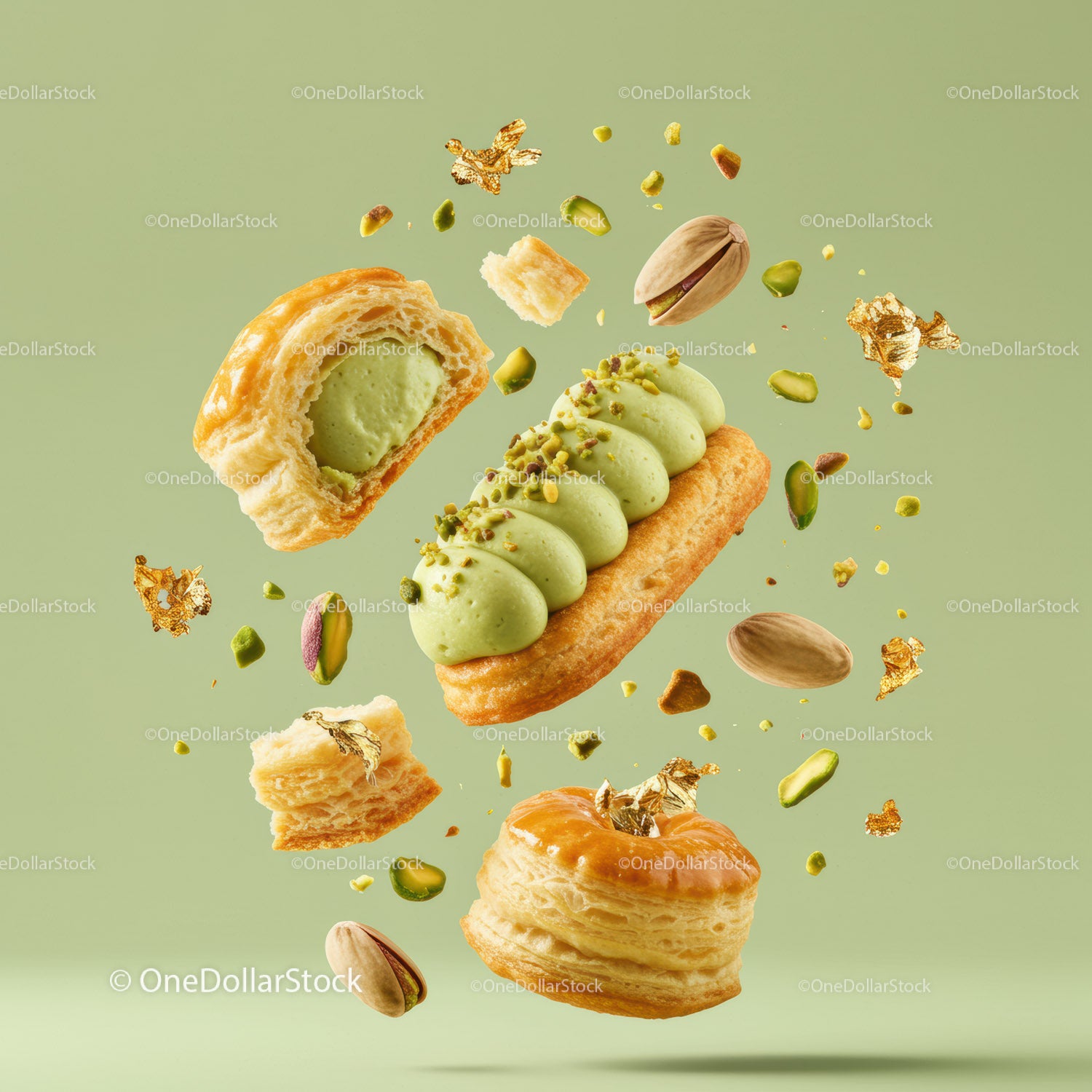Pistachio Cream Pastries with Puff Pastry and Gold Leaf