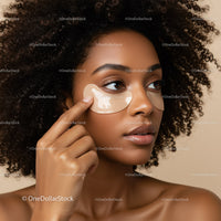 Beautiful Black Woman with Curly Hair and Eye Masks in Skincare Routine