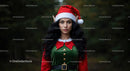 Woman in Festive Elf Costume with Santa Hat