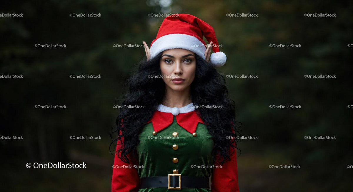 Woman in Festive Elf Costume with Santa Hat