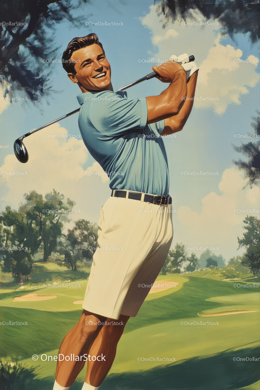 Vintage Golf Player Smiling During Swing on Sunny Golf Course