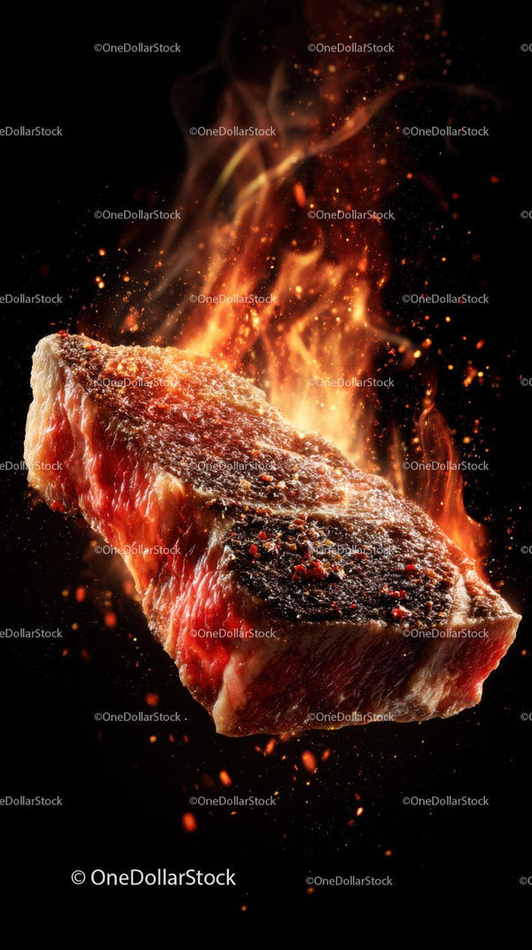 Fiery Steak in Action: Juicy Grilled Meat with Flames