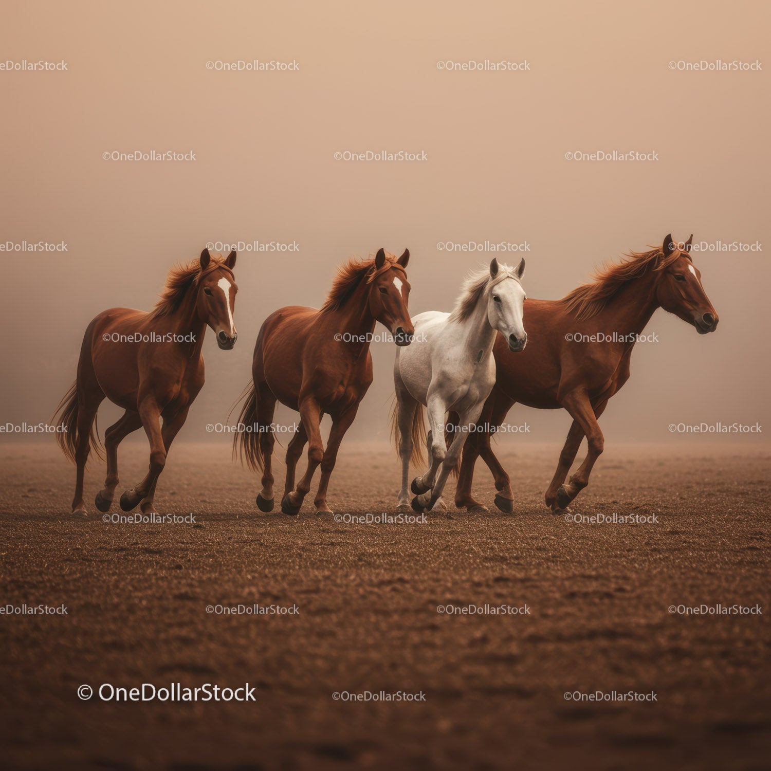 Majestic Herd of Brown Horses Running in Sunset Landscape